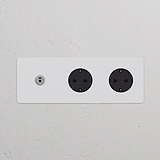 Dreifachrahmen mit Kipphebelschalter + 2x Schuko Typ F runder Steckdoseneinsatz – Lackierbar + Poliertes Nickel + Schwarz