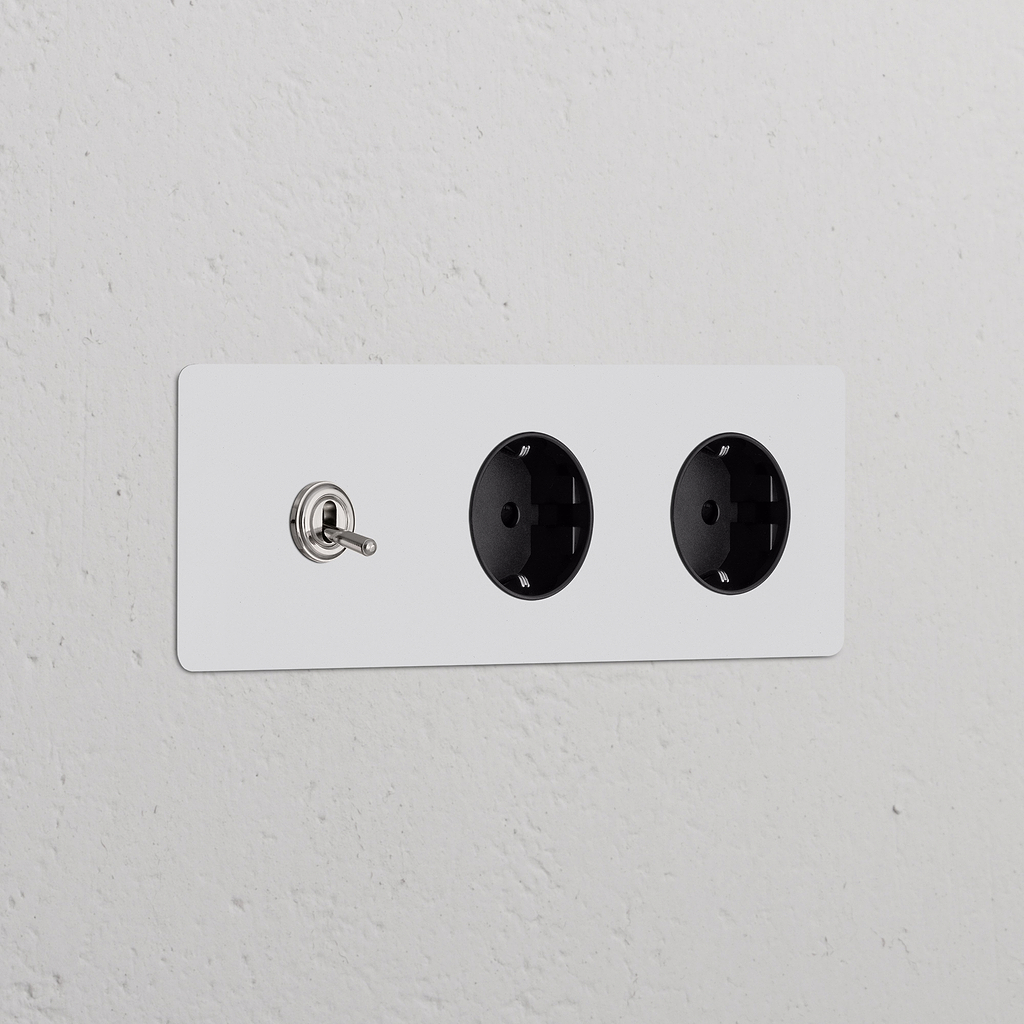 Dreifachrahmen mit Kipphebelschalter + 2x Schuko Typ F runder Steckdoseneinsatz – Lackierbar + Poliertes Nickel + Schwarz