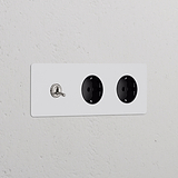 Dreifachrahmen mit Kipphebelschalter + 2x Schuko Typ F runder Steckdoseneinsatz – Lackierbar + Poliertes Nickel + Schwarz