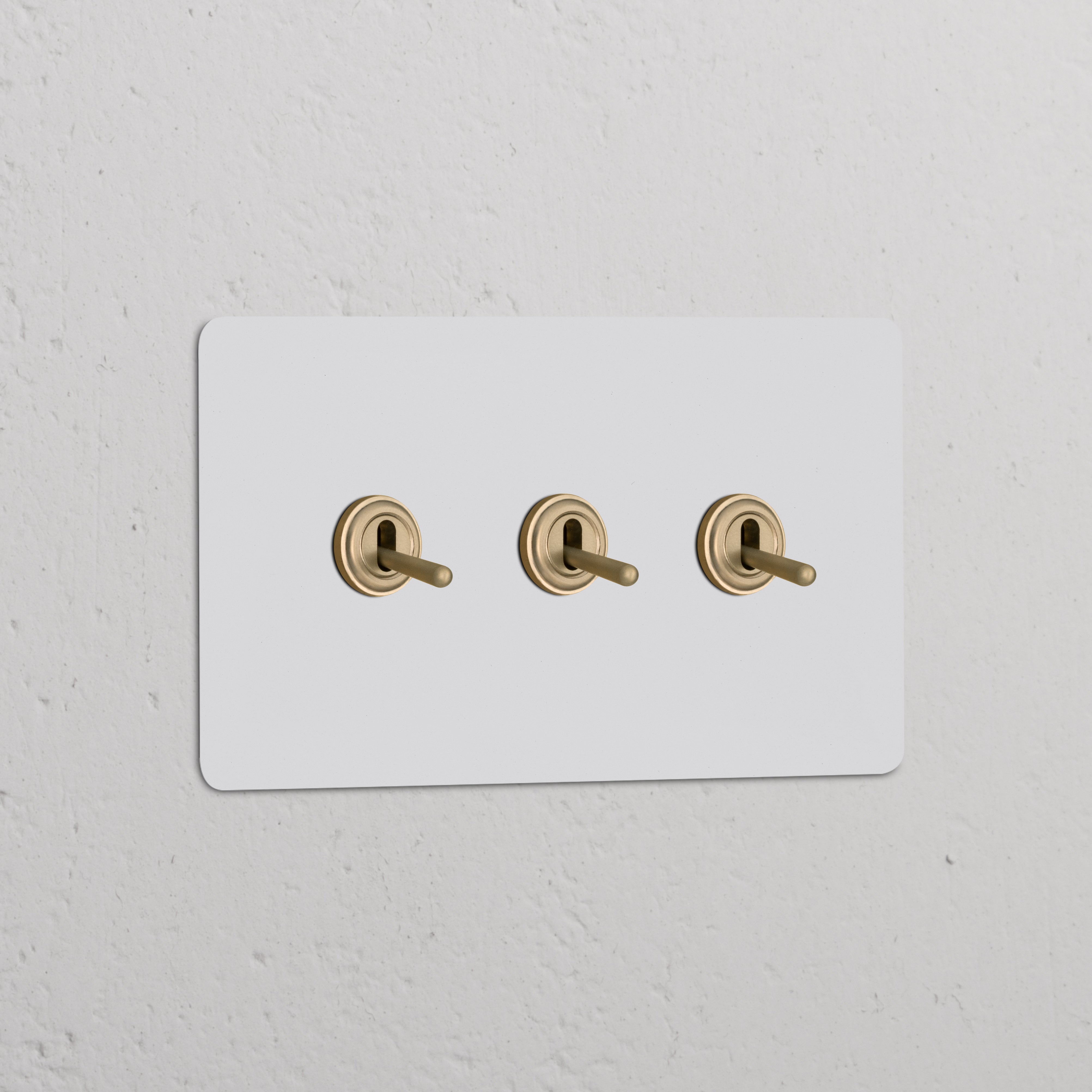 Zweifachrahmen mit 3x Kipphebelschalter in antikem Messing auf lackierbarem weißem Panel an der Wand.