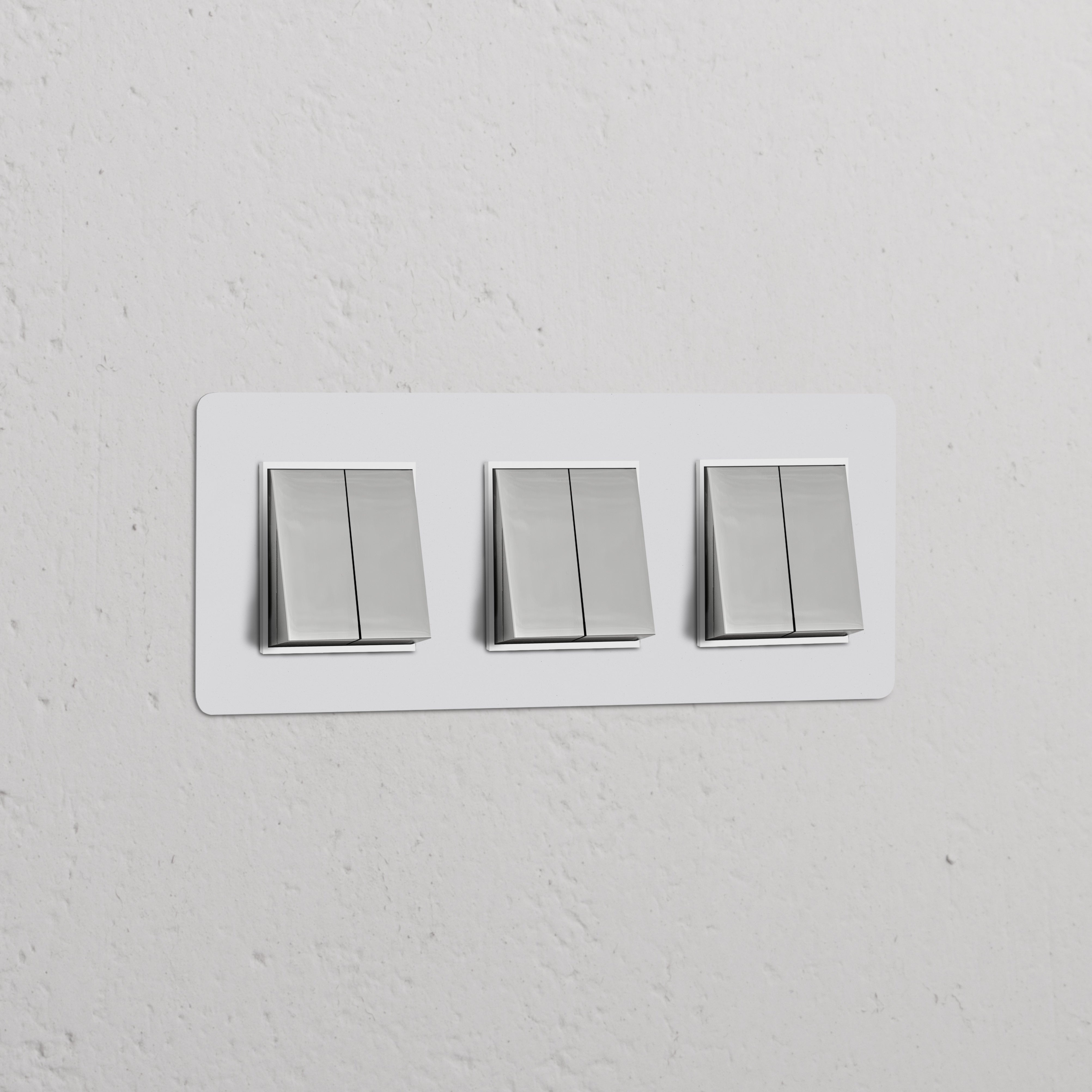 Dreifachrahmen mit 6x Wippschalter; lackierbar, poliertes Nickel, weiß. Ideal für stilvolle Lichtsteuerung.