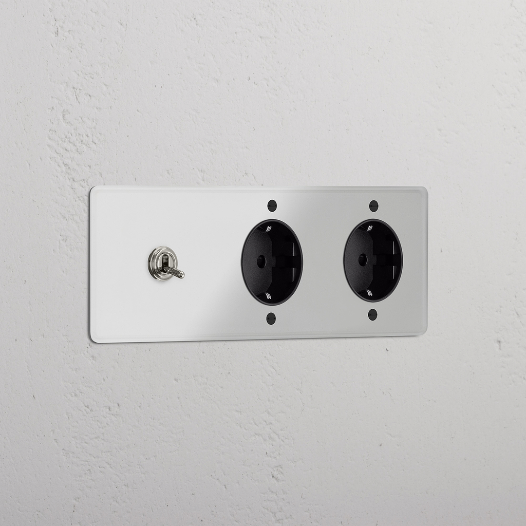 Kipphebel & SchuKo-Modul 2x in Dreifachrahmen rund – Durchsichtig Poliertes Nickel + Schwarz  