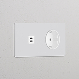 Zweifachrahmen mit USB-Anschluss (30 W) + Schuko Typ F runder Steckdoseneinsatz – Lackierbar + Weiß