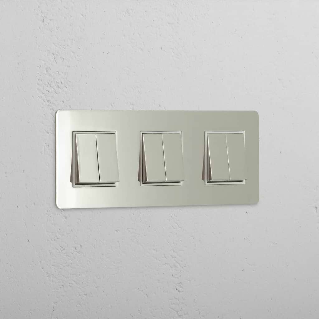 Hohe Kapazität – Lichtschalter: Dreifacher Wippschalter mit sechs Wippen – Poliertes Nickel + Weiß