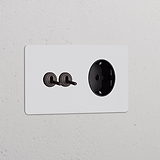 Zweifachrahmen mit 2x Kipphebelschalter + Schuko Typ F runder Steckdoseneinsatz – Lackierbar + Bronze + Schwarz