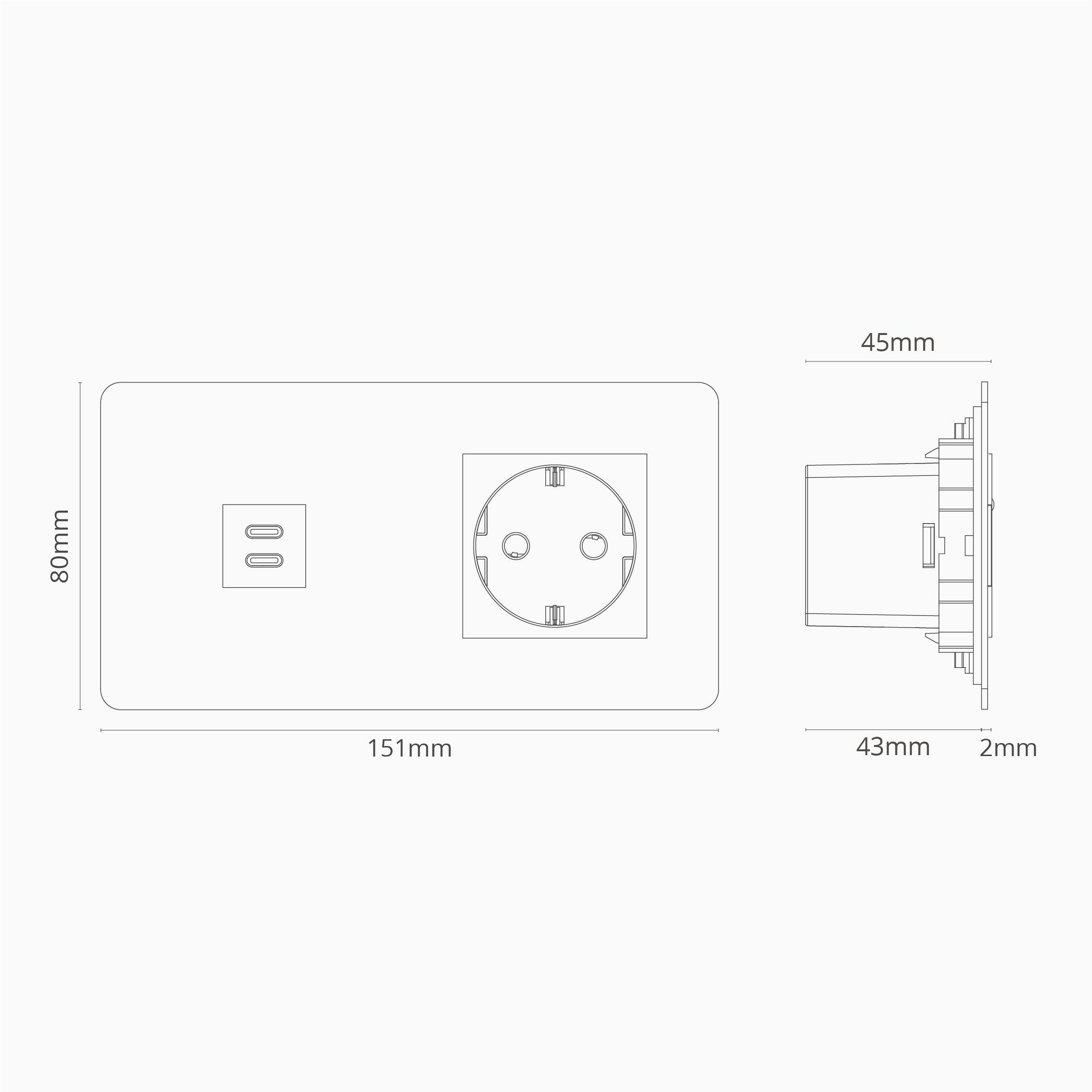 Zweifachrahmen mit USB-Anschluss (30 W) + Schuko Typ F runder Steckdoseneinsatz – Lackierbar + Weiß