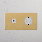 USB-C-Anschluss (30 W) + SchuKo-Steckdoseneinsatz (Typ F) rund je 1x in Zweifachrahmen – Antikes Messing + Weiß