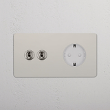 Kipphebel 2x & SchuKo-Modul 1x in Zweifachrahmen rund – Poliertes Nickel + Weiß 
