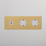 USB-C-Anschluss (30 W) 1x + SchuKo-Steckdoseneinsatz (Typ F) 2x rund in Dreifachrahmen – Antikes Messing + Weiß