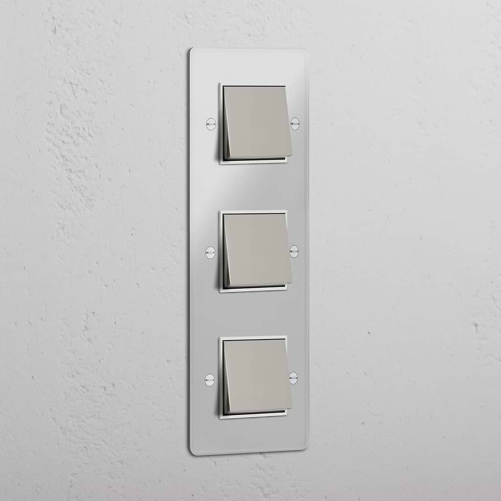 Vertikaler Dreifachrahmen mit Wippen – Poliertes Nickel + Weiß + Transparent – platzsparende Lichtsteuerung