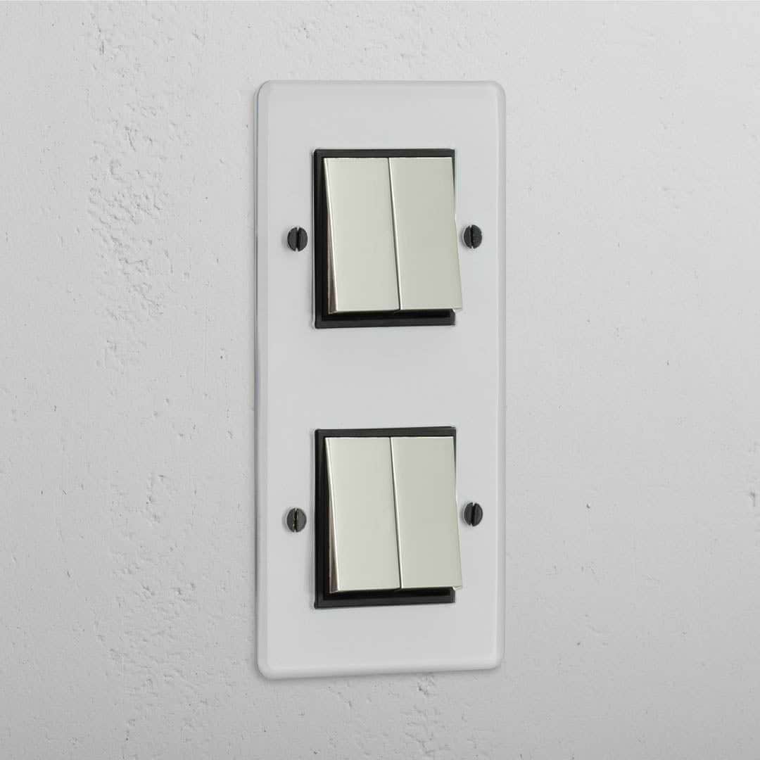 4x vertikaler Doppel-Wippschalter – Poliertes Nickel + Schwarz + Transparent – Umfassende Lichtsteuerung