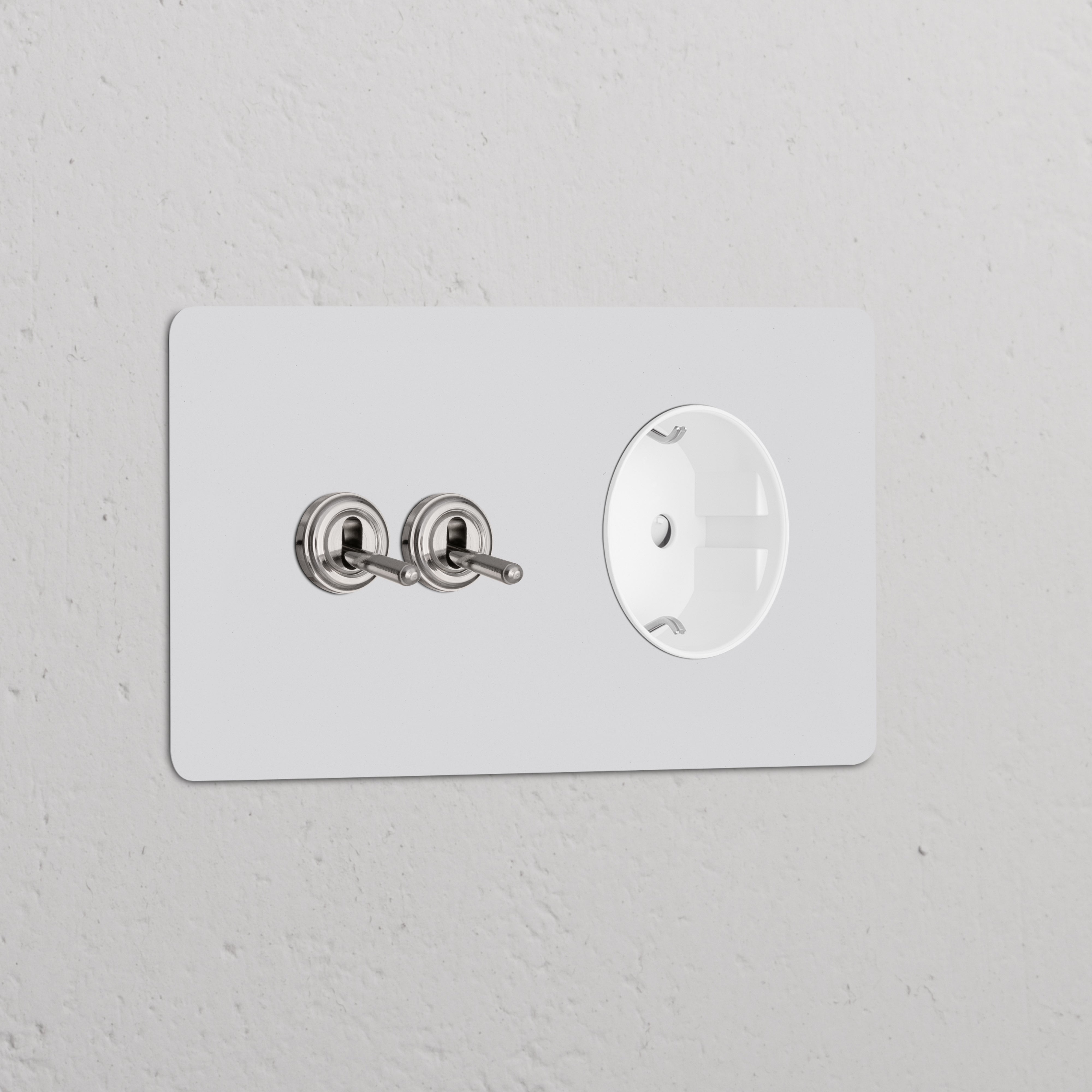 Zweifachrahmen mit 2 Kipphebelschaltern und Schuko-Typ-F-Steckdose, lackierbar in poliertem Nickel-Finish für die Wandmontage.