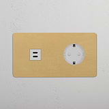 Módulo redondo USB 30W + Schuko (marco doble) - Latón antiguo (inserción blanca)