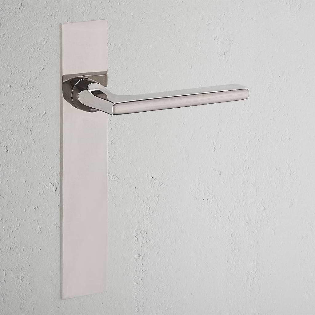 Manilla para puertas Clayton con placa larga (fija) - Níquel pulido