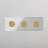 Interruptor triple regulador de luz en latón antiguo y traslúcido con tres ajustes - Control avanzado para luces, sobre fondo blanco
