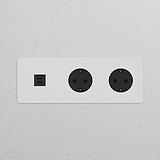 Módulo redondo USB 30W + Schuko x2 (marco triple) - Pintable (inserción negra)