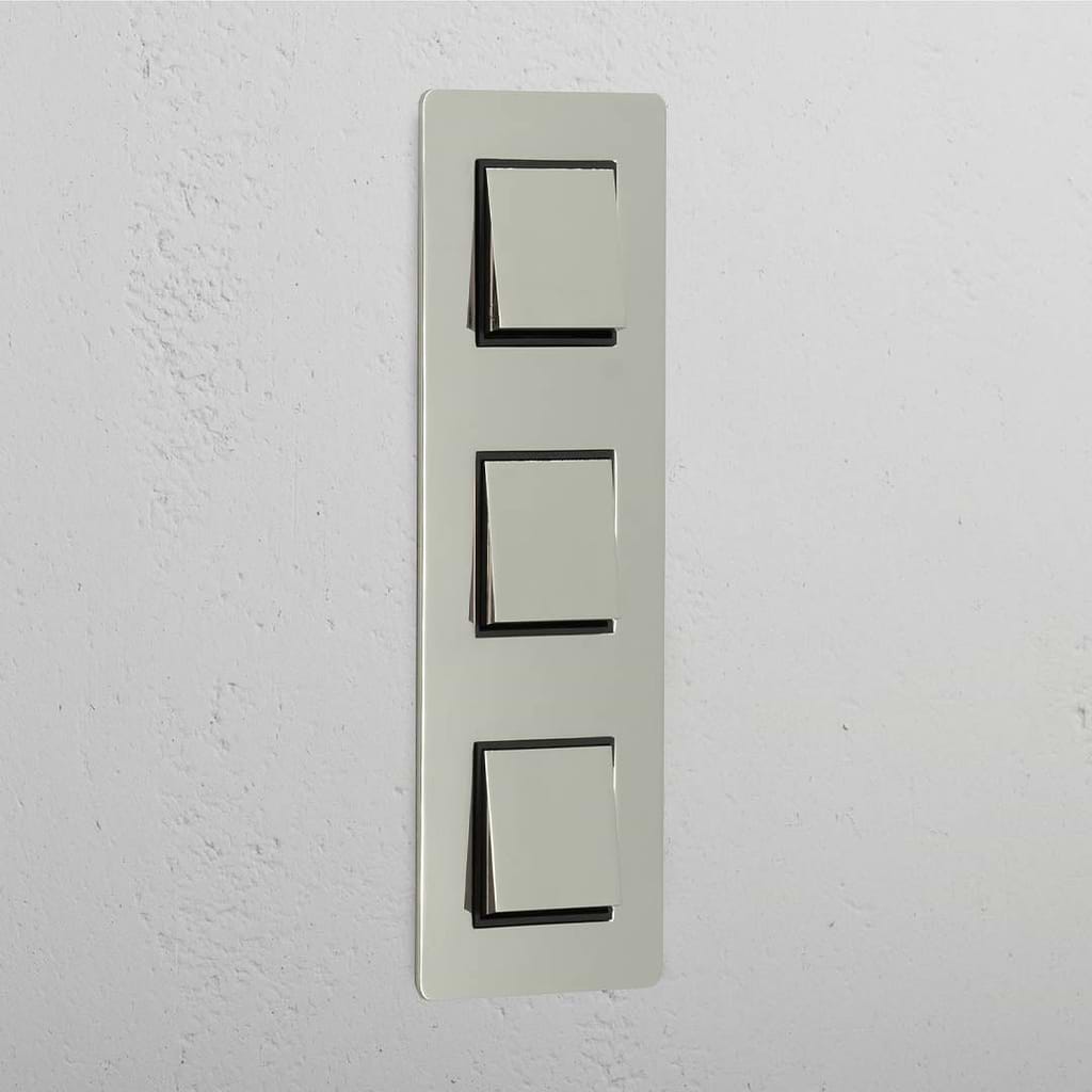 Interruptor para control de la luz de alta capacidad con diseño vertical: Interruptor triple de balancín x3 en níquel pulido y negro