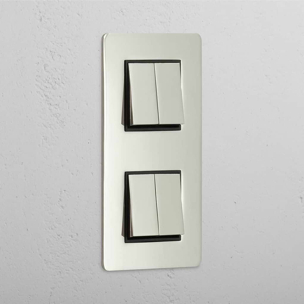 Interruptor para control de la luz de alta capacidad en diseño vertical: Interruptor doble de balancín x4 en níquel pulido y negro con diseño vertical