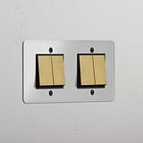 Interruptor doble de balancín en latón antiguo y traslúcido con negro con cuatro posiciones, elegante - Accesorio perfecto para control de luces