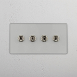 Interruptor doble de palanca en níquel pulido y traslúcido con cuatro palancas, solución avanzada para control de luz, sobre fondo blanco