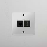 Módulo individual de doble función RJ45 y HDMI en traslúcido y negro - Solución de red versátil, sobre fondo blanco