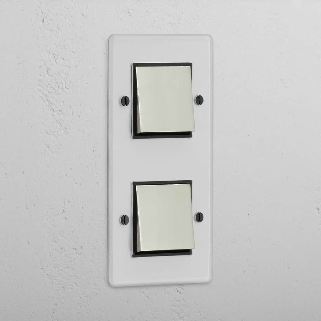 Interruptor doble de balancín en níquel pulido y traslúcido con negro en diseño vertical - Control moderno para luz