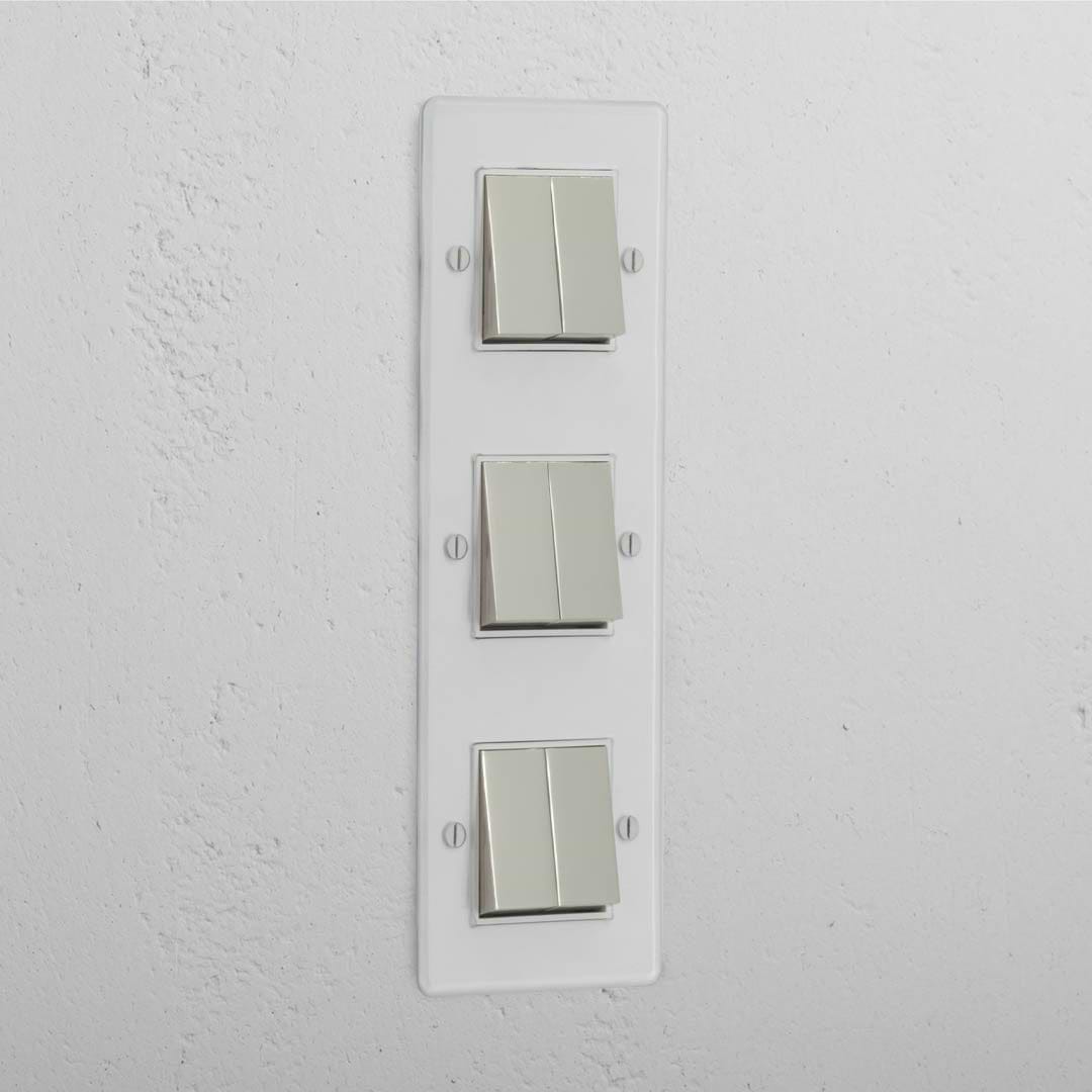 Interruptor triple de balancín en níquel pulido y traslúcido con blanco en diseño vertical con seis funciones - Solución avanzada para iluminación
