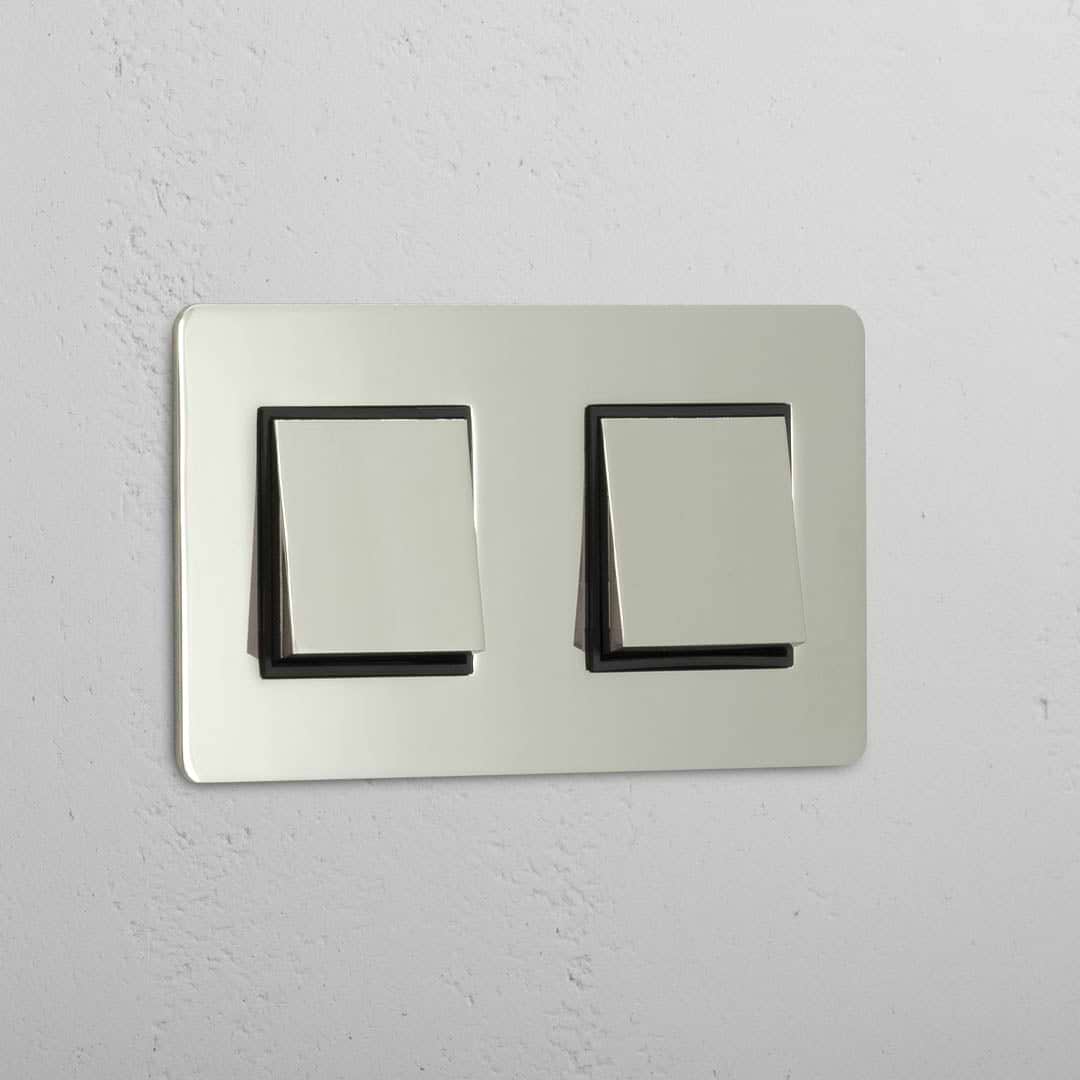 Interruptor doble de balancín en níquel pulido y negro - Interruptor doble para control de la luz