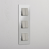 Interruptor triple de balancín en níquel pulido y traslúcido con blanco en diseño vertical con seis funciones - Solución avanzada para iluminación
