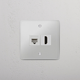 Solución versátil de conectividad: Módulo de doble función RJ45 y HDMI en traslúcido y blanco sobre fondo blanco