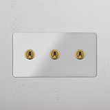 Interruptor doble de palanca en latón antiguo y traslúcido con tres posiciones - Control eficiente y confiable para luces, sobre fondo blanco
