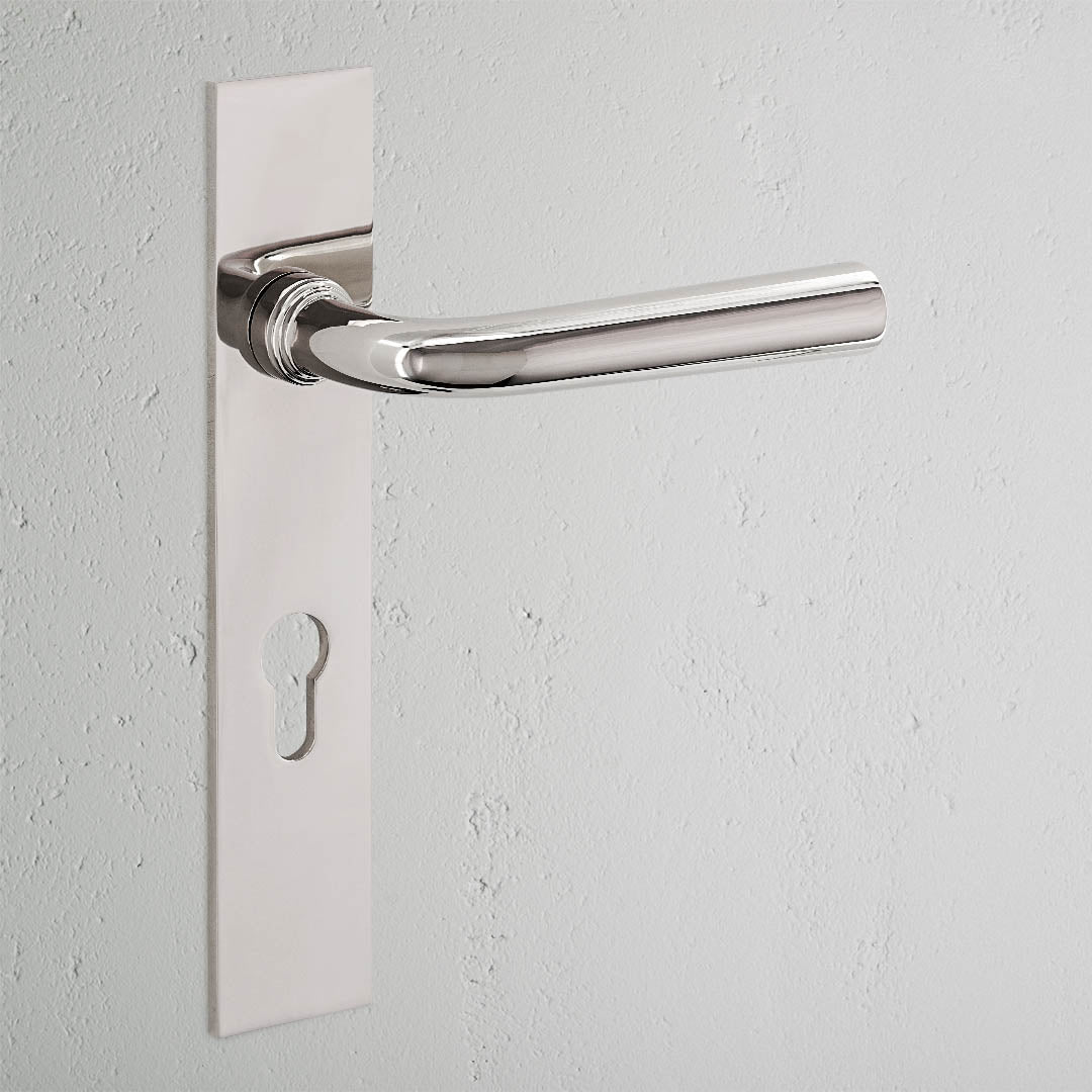 Apsley Long Plate Sprung Door Handle & Euro Lock – Polished Nickel