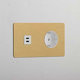 Double USB 30W & Schuko Module - Antique Brass White