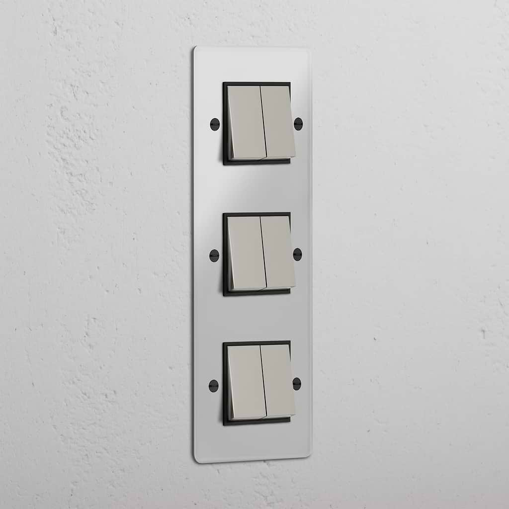 Interruptor triple de balancín en níquel pulido y traslúcido con negro en diseño vertical con seis posiciones - Solución avanzada para iluminación