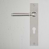 Manilla para puertas Digby con placa larga (con muelle) y cerradura europea - Níquel pulido