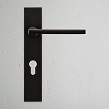 Manilla para puertas Clayton con placa larga (con muelle) y cerradura europea - Bronce
