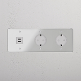 Módulo redondo USB 30W + Schuko x2 (marco triple) - Transparente (inserción blanca)