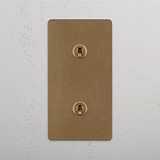 Interruptor doble de palanca en latón antiguo, diseño vertical, sobre fondo blanco