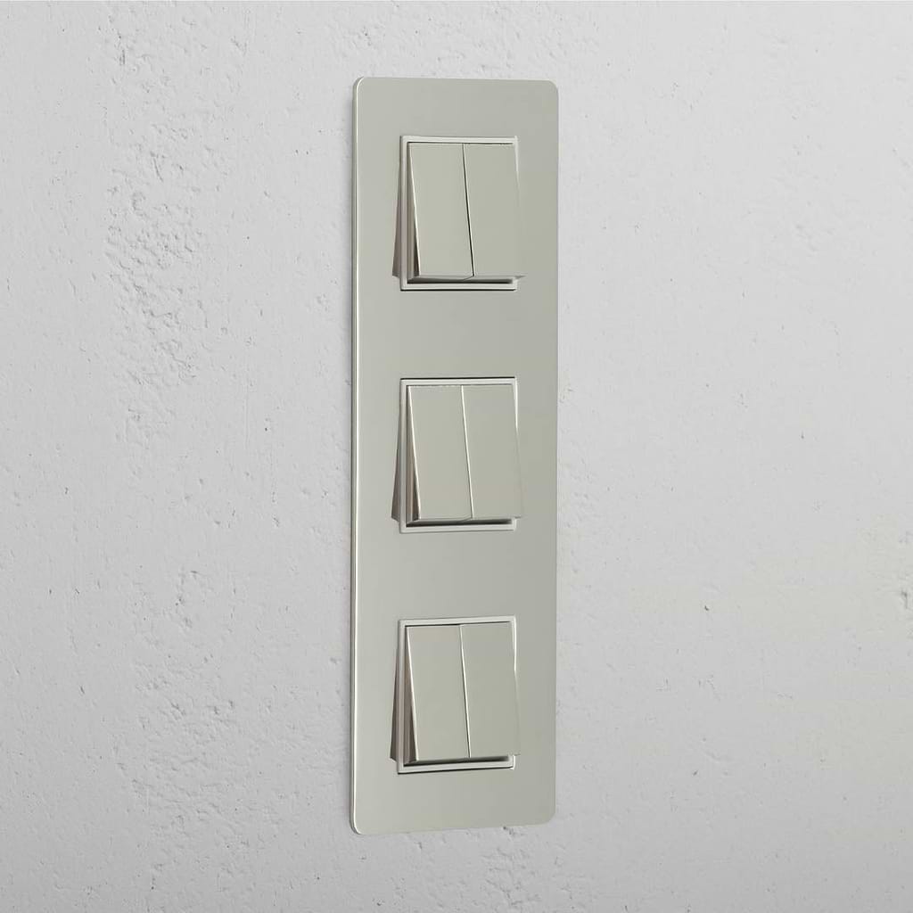 Interruptor triple de balancín x6 (vertical) - Níquel pulido y blanco