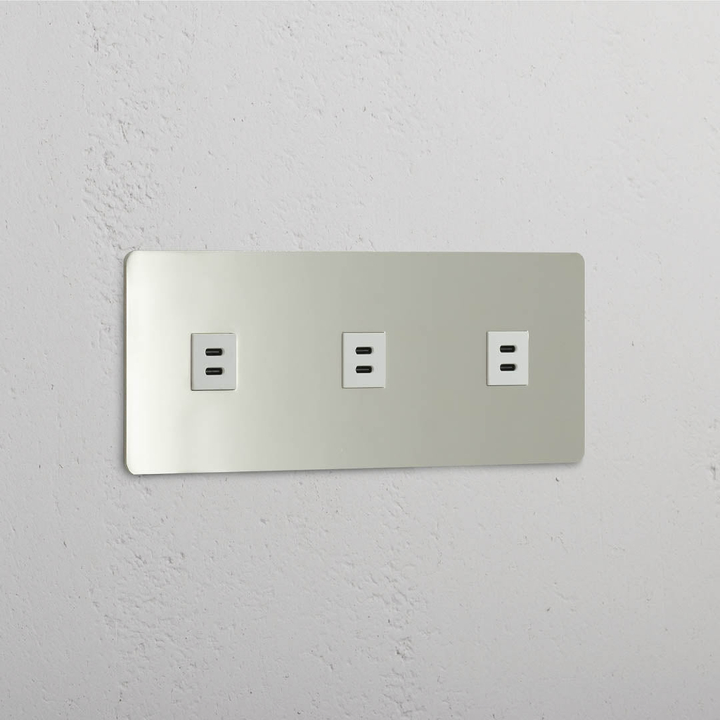 High Capacity High-Speed Charging Outlet: Triple 3x USB Module in Polished Nickel White