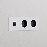 Prise USB-C 30W & Prise de Courant Ronde Type E x2 (Plaque Triple) - Peignable Insert Noir