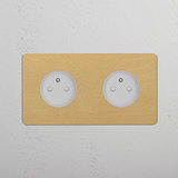 Prise de Courant Ronde Type E x2 (Plaque Double) - Laiton Ancien (Insert Blanc)