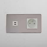 Mixed High-Speed Charging and French Standard Outlet: Polished Nickel White Double USB 30W & French Module on White Background