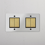 Elegant Double Rocker Switch with 4 Positions in Clear Antique Brass Black on White Background