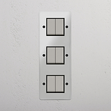 Advanced Vertical Six-Position Triple Rocker Switch in Clear Polished Nickel Black - Multifunctional Light Management Tool on White Background