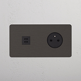 Prise USB-C 30W & Prise de Courant Ronde Type E (Plaque Double) - Bronze (Insert Noir)