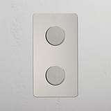 Dual Vertical Light Intensity Control Switch on White Background: Polished Nickel Double 2x Vertical Dimmer Switch