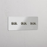 Six-Position Triple Toggle Switch in Clear Polished Nickel - Multi-Level Lighting Accessory