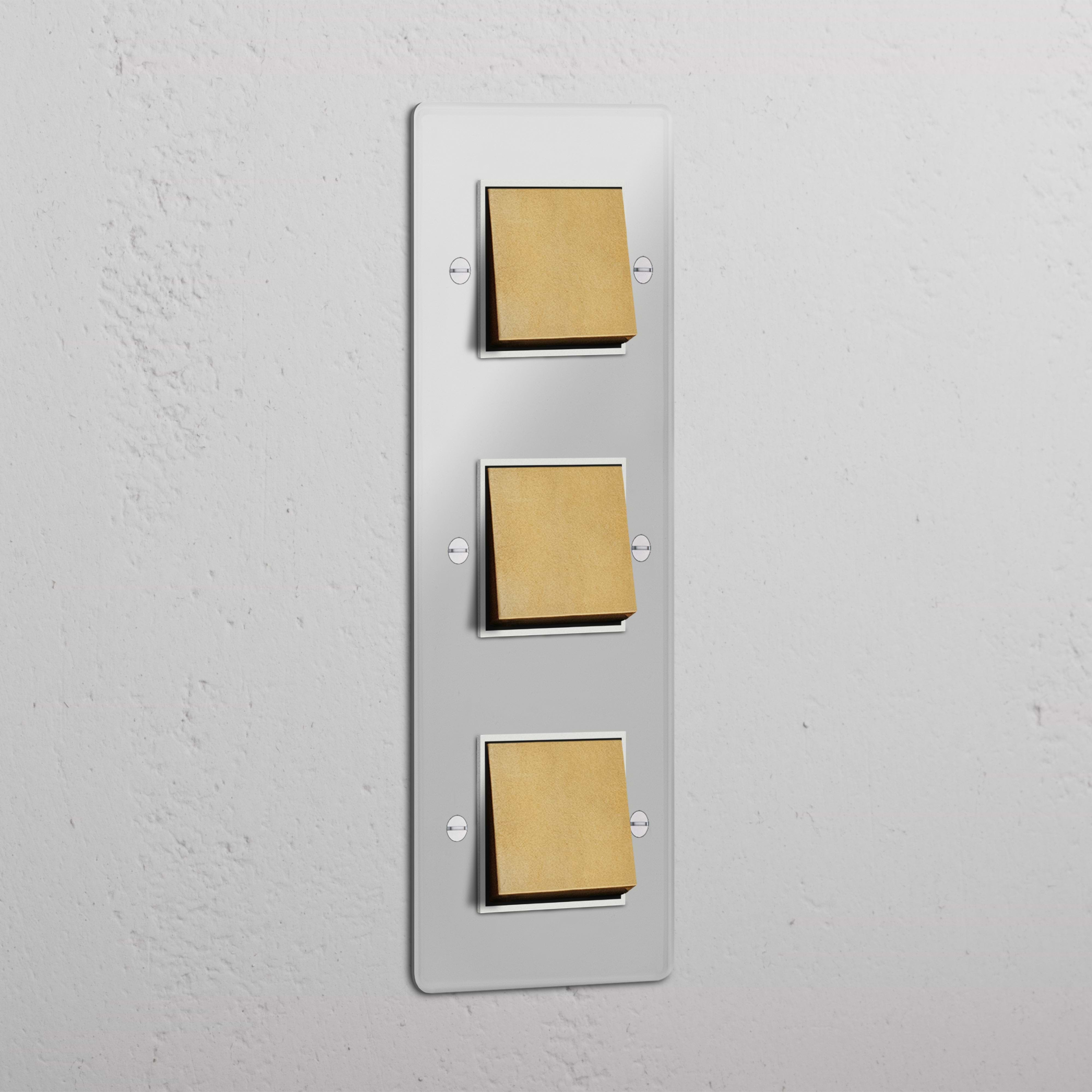 Vertical Triple Rocker Switch in Clear Antique Brass White - Efficient Light Control Tool