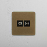 Two-Connection Single Satellite & TV Module, Antique Brass Black on White Background